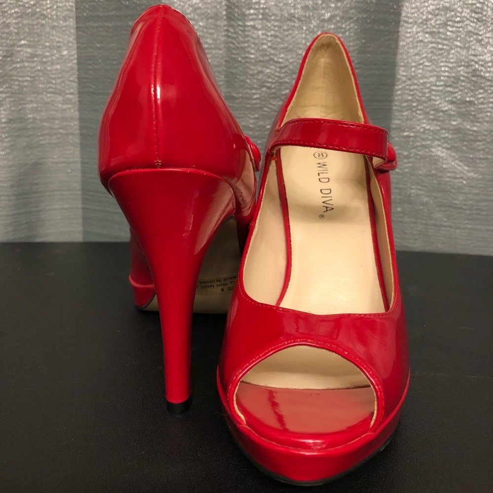 Red patent platform heels